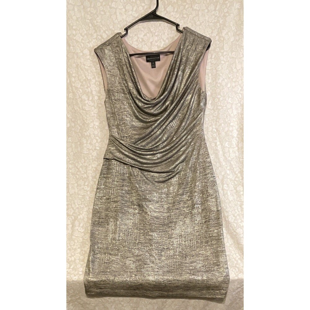 Connected Apparel Gold Satin Cowl Neck Draped Sheath Knee Dress 8P Petite